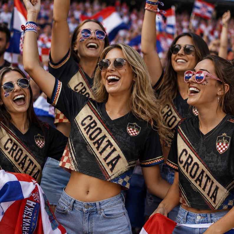 A group of women wearing Croatia national team jerseys and sunglasses are enthusiastically cheering at a sporting event.