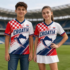 A young boy and girl wearing matching red, white, and blue Croatia soccer jerseys stand together on a sports field.