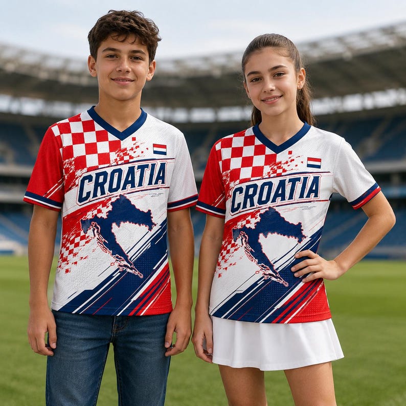 A young boy and girl wearing matching red, white, and blue Croatia soccer jerseys stand together on a sports field.