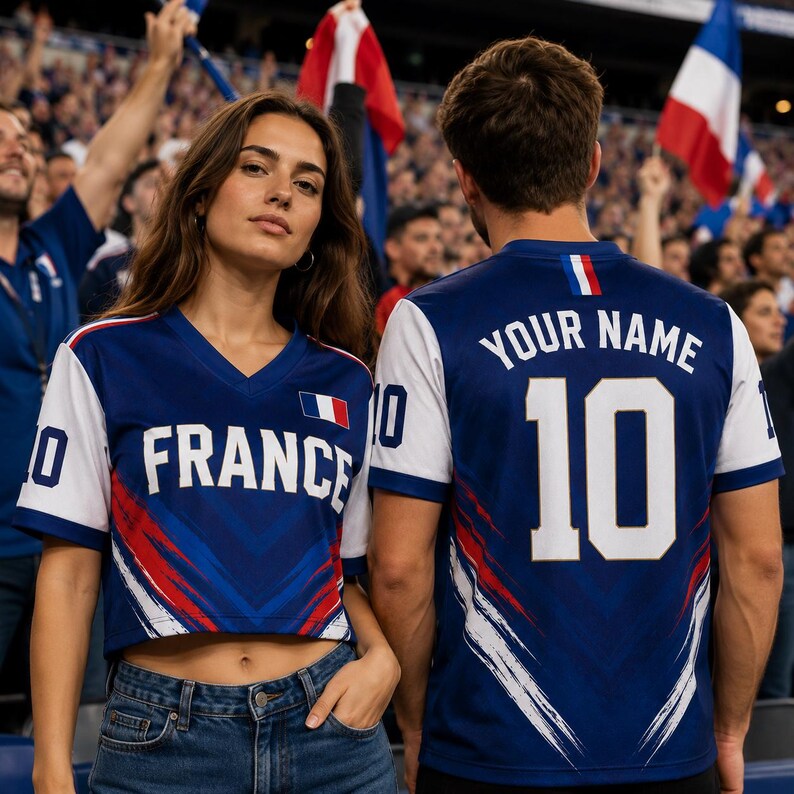 A woman wearing a blue and white France jersey with the number 10 stands in front of a crowd of people waving French flags.