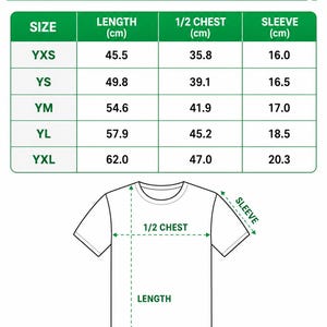 The image is a youth soccer jersey size chart that provides measurements for different jersey sizes, including chest, length, and sleeve size.