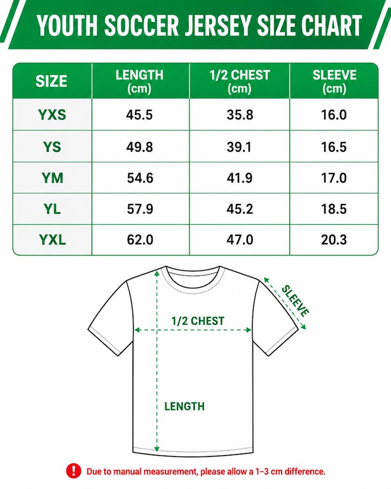 The image is a youth soccer jersey size chart that provides measurements for different jersey sizes, including chest, length, and sleeve size.