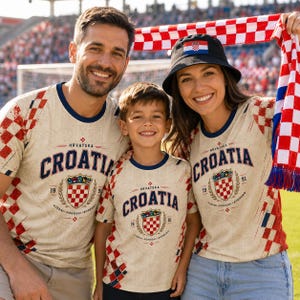 A man, woman, and child wearing Croatia national team jerseys and a hat are smiling and posing together at a sporting event.