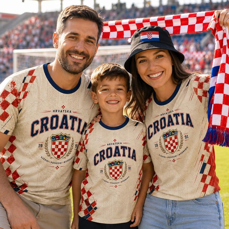 A man, woman, and child wearing Croatia national team jerseys and a hat are smiling and posing together at a sporting event.
