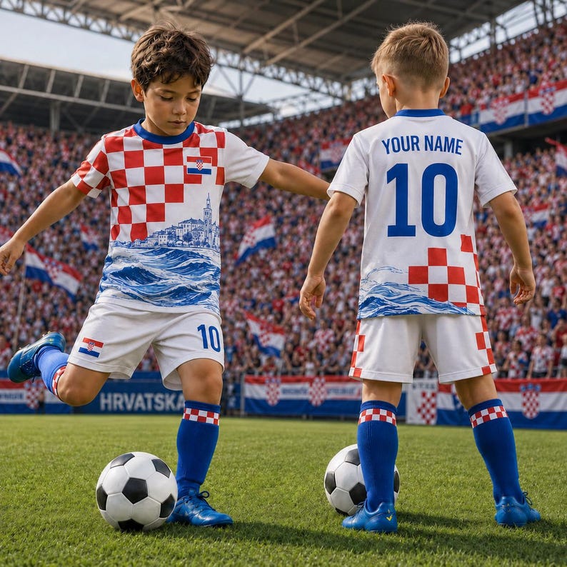 A young boy in a red and white soccer uniform is playing with a soccer ball on a soccer field, with a crowd of spectators visible in the background.
