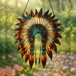 May include: A stained glass Native American headdress with a chain for hanging. The headdress features a vibrant array of colors, including turquoise, orange, brown, and cream. The design incorporates feather shapes and intricate details.