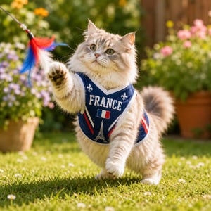 A fluffy cat wearing a blue and red jersey with the word "FRANCE" on it, standing on its hind legs and playing with a feather toy.