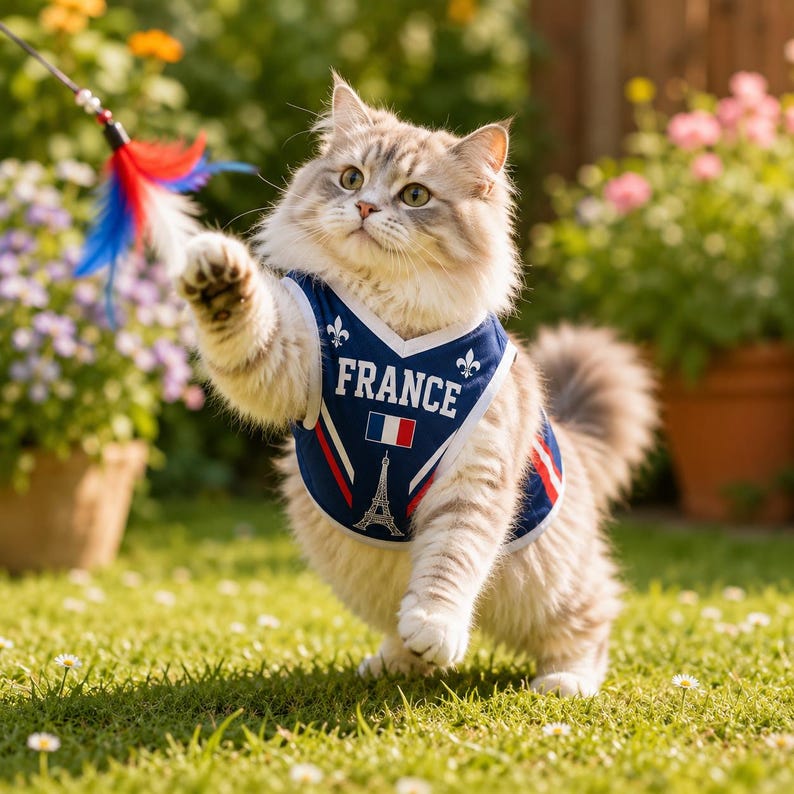 A fluffy cat wearing a blue and red jersey with the word "FRANCE" on it, standing on its hind legs and playing with a feather toy.