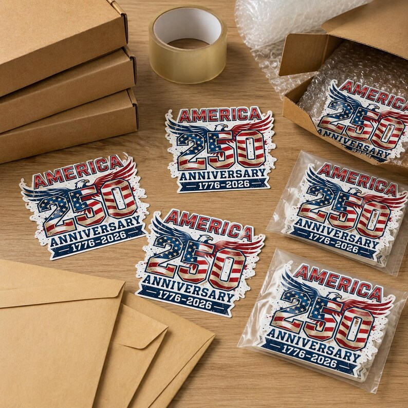 various items related to the celebration of the 250th anniversary of the United States, including cardboard boxes, envelopes, tape, and stickers.
