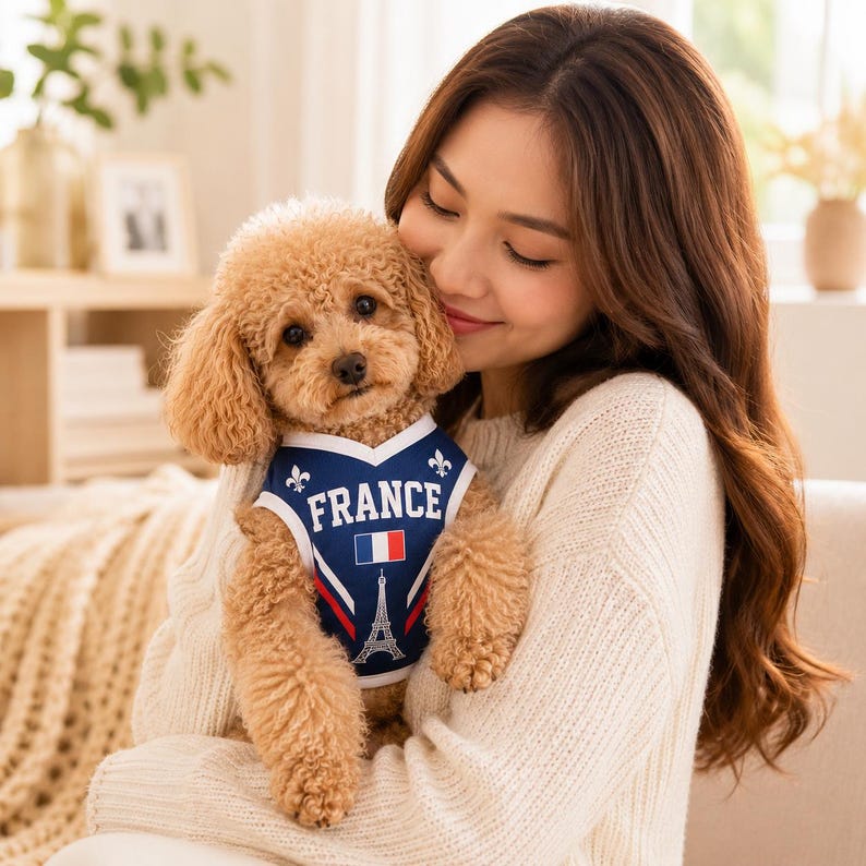 A young woman is holding a small, fluffy dog in her arms, both smiling and appearing happy.