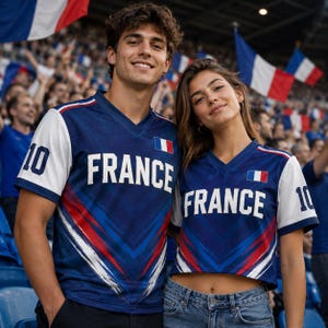 A young man and woman wearing matching blue and red France jerseys are standing together in a stadium, surrounded by a crowd of people waving French flags.