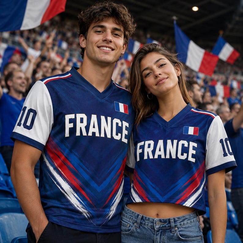 A young man and woman wearing matching blue and red France jerseys are standing together in a stadium, surrounded by a crowd of people waving French flags.