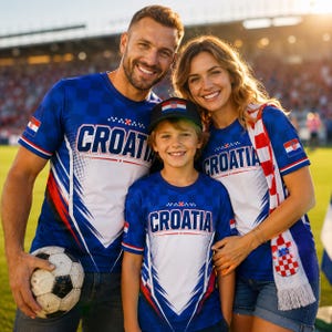 A family of three, consisting of a man, a woman, and a young boy, is posing together in blue Croatia soccer jerseys and holding a soccer ball.