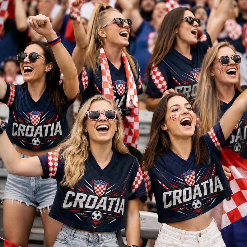 A group of enthusiastic Croatian soccer fans cheering and celebrating at a sporting event.