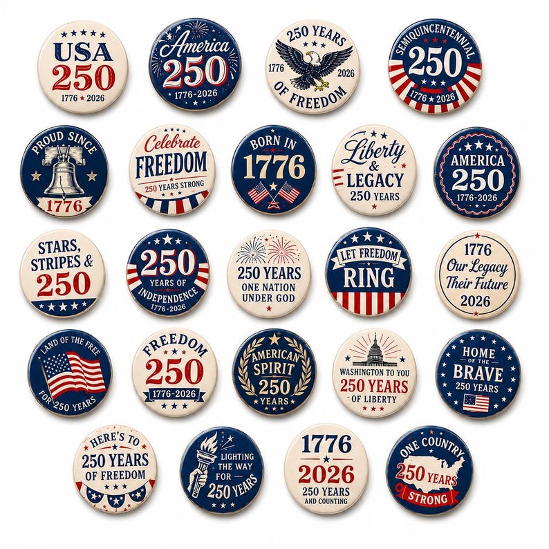 a collection of buttons celebrating the 250th anniversary of the United States, featuring various historical and patriotic themes.