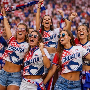 A group of enthusiastic Croatian fans celebrating at a sporting event, wearing matching team jerseys and waving flags.