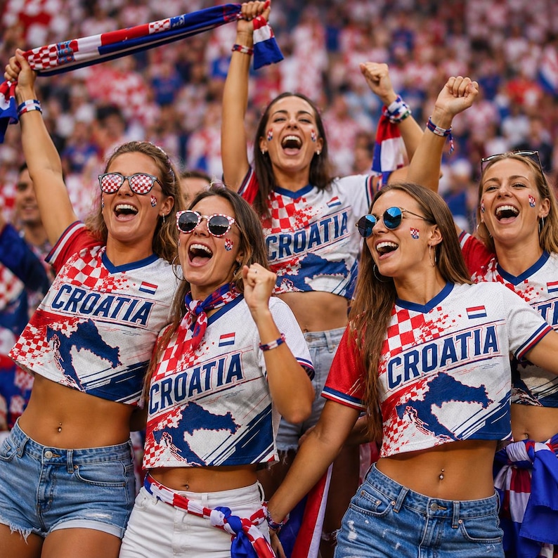 A group of enthusiastic Croatian fans celebrating at a sporting event, wearing matching team jerseys and waving flags.