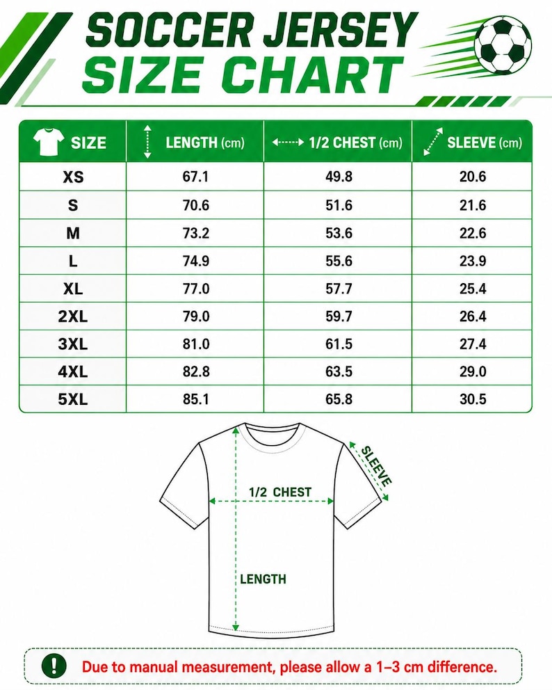 The image is a size chart for a soccer jersey, providing measurements for different jersey sizes.