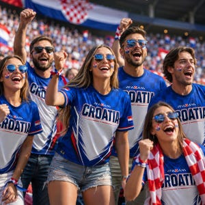 A group of enthusiastic Croatia fans, dressed in blue and white, cheering and celebrating at a sporting event.