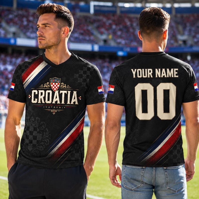 A man wearing a black and red Croatia soccer jersey with the word "Croatia" and the number "00" on the back.
