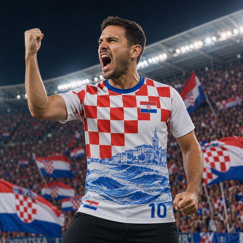 A soccer player in a red and white jersey celebrates with his fist raised, surrounded by cheering fans waving Croatian flags in the stadium.