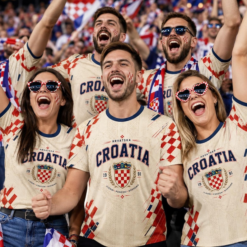 A group of enthusiastic Croatian soccer fans wearing matching jerseys and cheering at a sporting event.