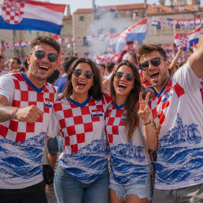 A group of four people, two men and two women, are standing together and smiling, wearing red and white checkered shirts with a cityscape design. They appear to be enjoying themselves, possibly at a sporting event or gathering.