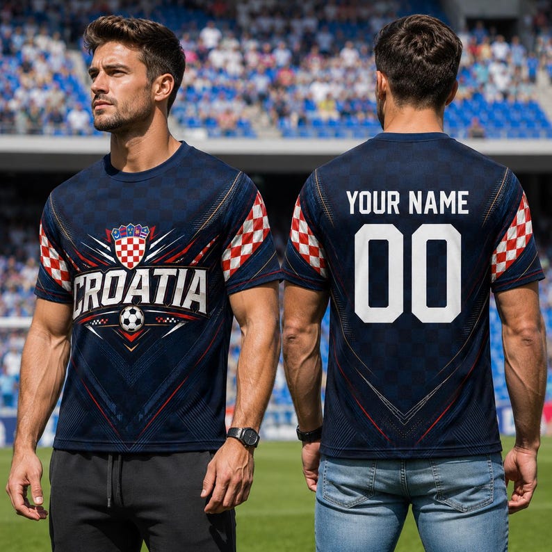 A man wearing a Croatia soccer jersey with the word "Croatia" printed on it, standing on a soccer field.