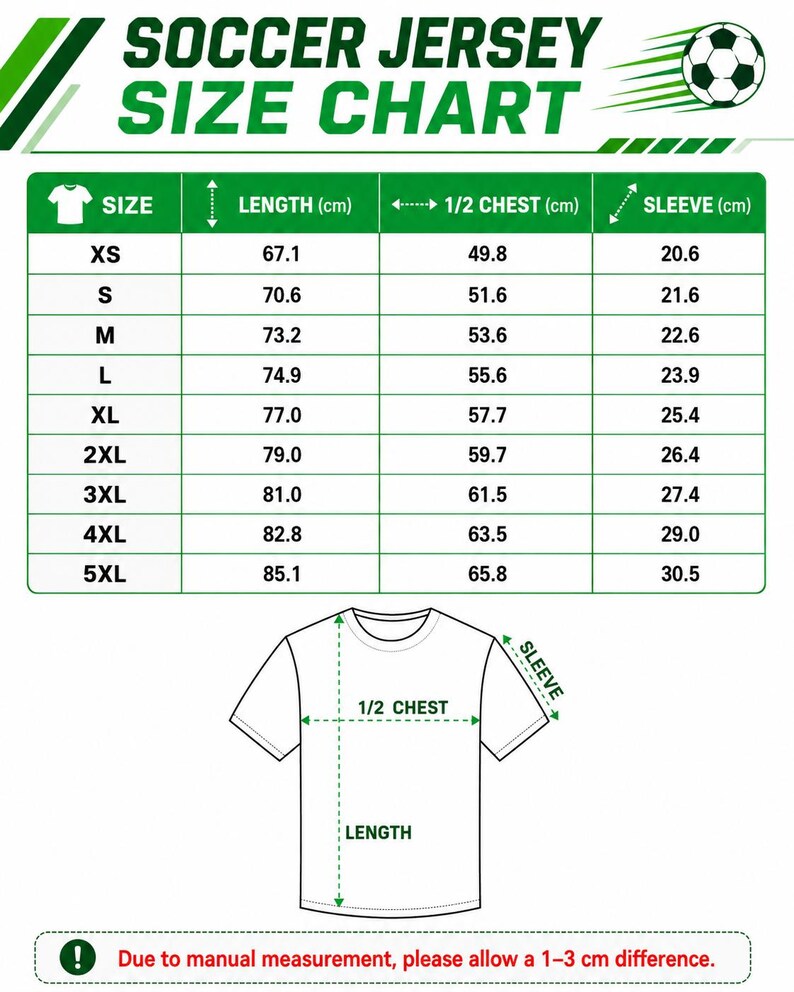 The image is a size chart for a soccer jersey, providing measurements for different jersey sizes.