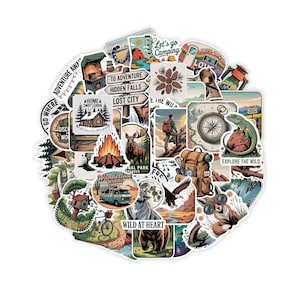 Combo 50pcs Hiking & Camping Stickers, Outdoor Adventure Stickers, Scenic Sticker Featuring Mountains, Forest, Wild Nature, Camping, Hiking