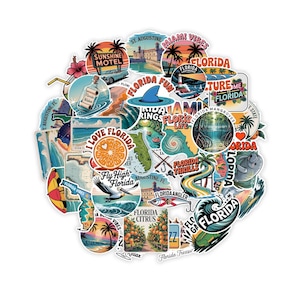 Combo 50pcs Florida Beach Stickers, Florida Cities, Vacation Stickers, Tropical Waterproof Decals for Water Bottles, Notebooks, Crafts