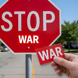May include: A red stop sign with the word "STOP" in white letters. The word "WAR" is superimposed on the sign in a red rectangle. A hand holds a small red sign with the word "WAR".