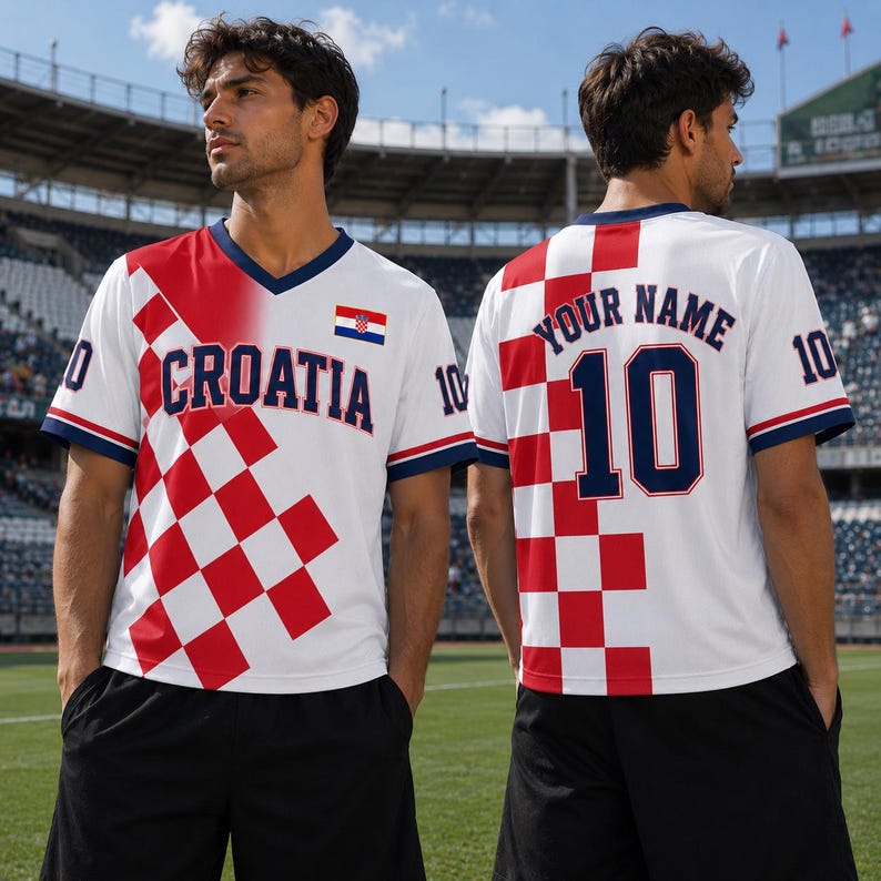 A man wearing a white and red Croatia soccer jersey stands on a soccer field.