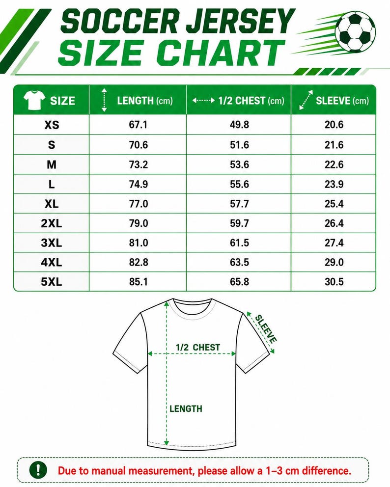 The image is a size chart for a soccer jersey, providing measurements for different jersey sizes.