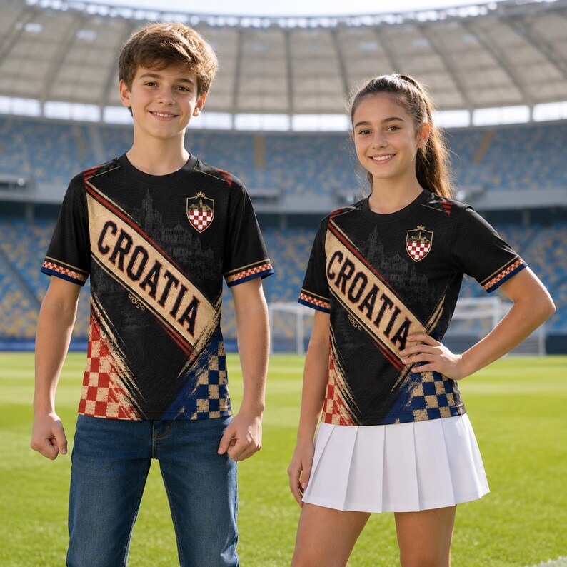 A young boy and girl wearing matching black and red striped jerseys with the word "Croatia" printed on them, standing on a soccer field.