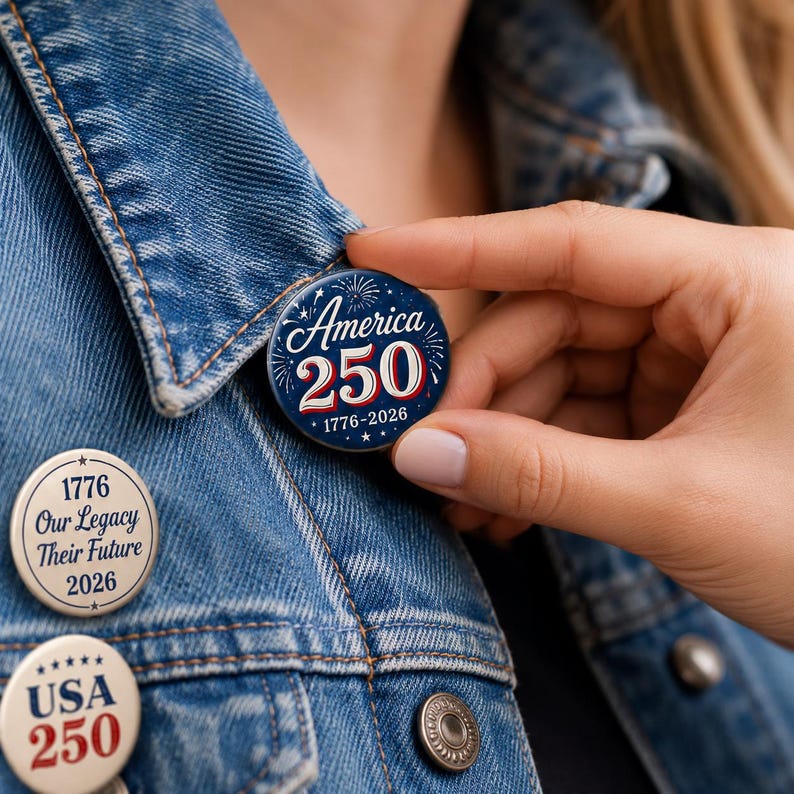 A person is wearing a denim jacket with a button pin that says "America 250" on it.