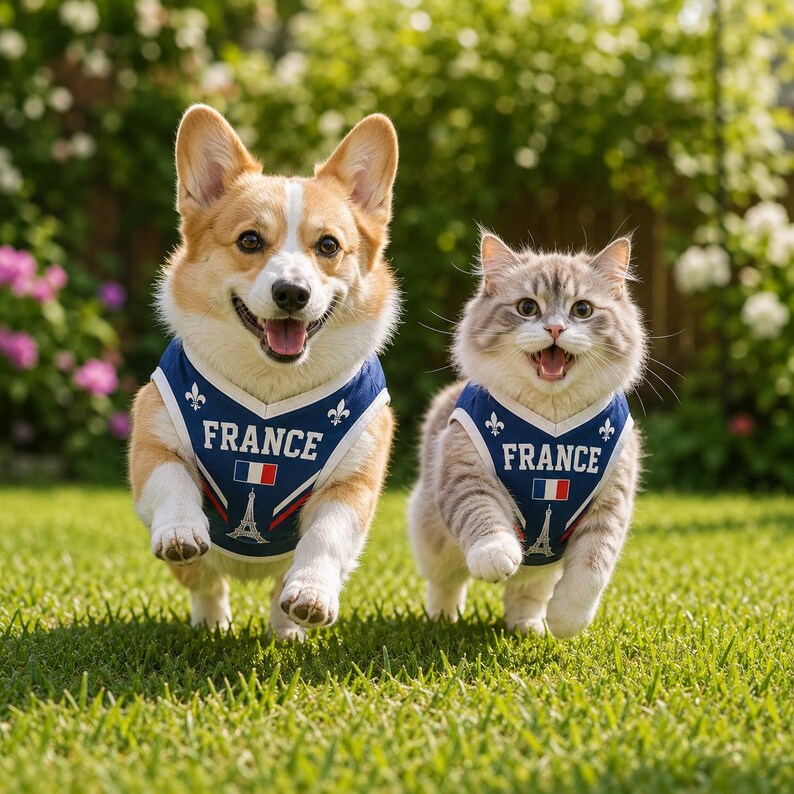 Two dogs and a cat are running on a grassy lawn, wearing blue vests with the word "FRANCE" printed on them.