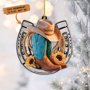 Personalized Cowboy Hat and Boots Ornament, Cowboy Gifts for Women Men, Horseshoe Ornaments, Horse Lovers Gift, Western Christmas Tree Decor