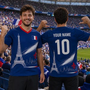 A man wearing a blue soccer jersey with the Eiffel Tower and the French flag on it, standing in a stadium with a crowd of people in the background.