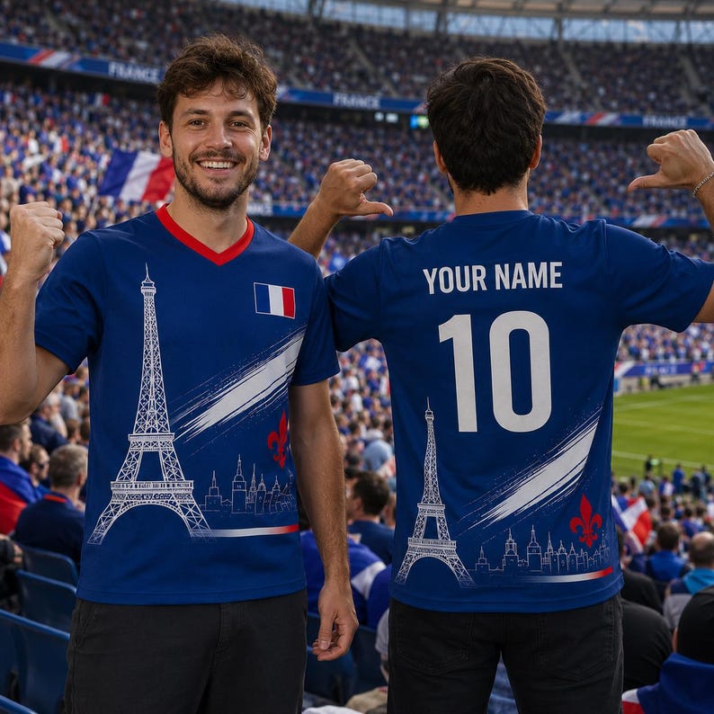 A man wearing a blue soccer jersey with the Eiffel Tower and the French flag on it, standing in a stadium with a crowd of people in the background.