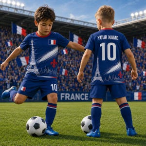 Two young boys in blue soccer uniforms, one with the number 10 and the other with the number 10, are playing soccer on a field with a crowd of spectators in the background.