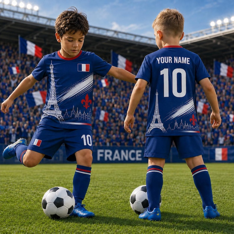 Two young boys in blue soccer uniforms, one with the number 10 and the other with the number 10, are playing soccer on a field with a crowd of spectators in the background.