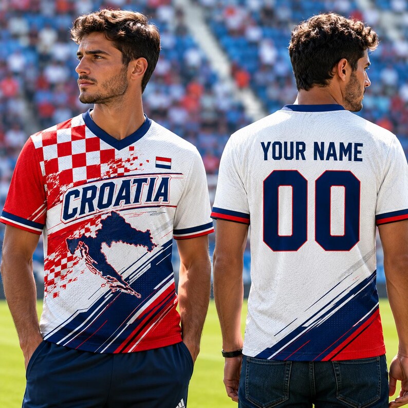 A man wearing a white and red Croatia soccer jersey with the word "Croatia" printed on it, standing on a soccer field.