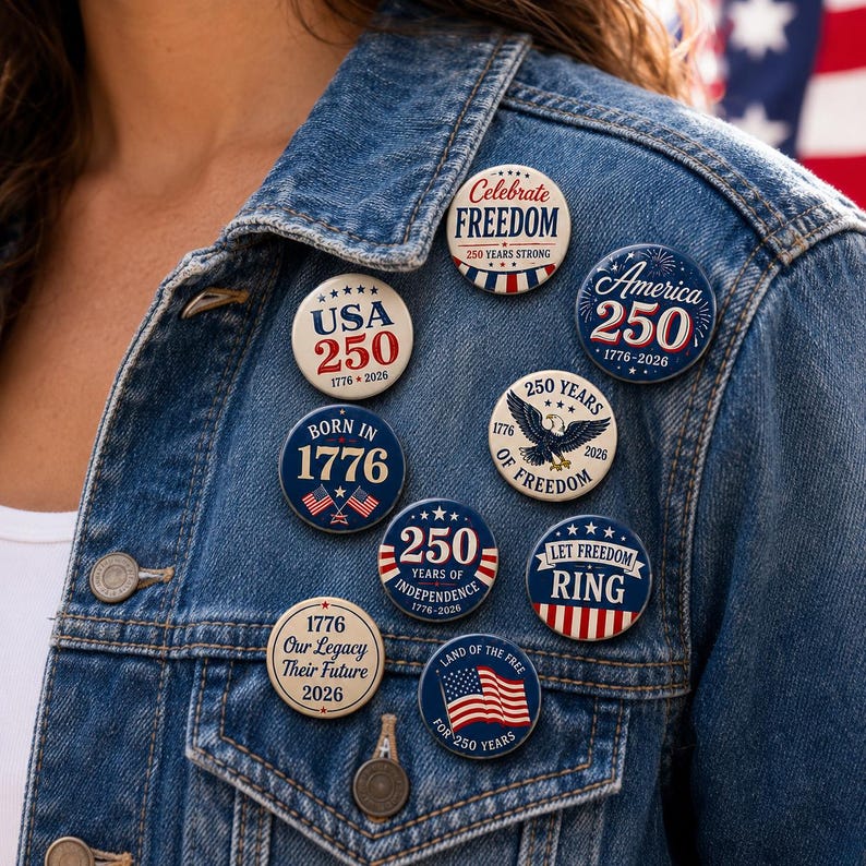 a person wearing a denim jacket with several patriotic buttons pinned to it. The buttons celebrate various aspects of American history and freedom, including the birth of the United States, the signing of the Declaration of Independence, the 250th anniversary of the American Revolution, and the 250th anniversary of the country's independence.
