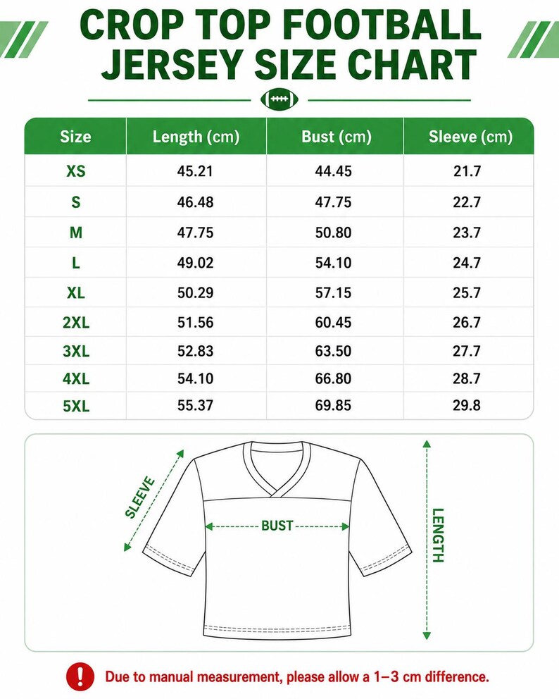 The image is a size chart for a crop top football jersey. It provides measurements for different jersey sizes, including bust, waist, and sleeve length, along with corresponding measurements in centimeters. The chart is designed to help customers determine the appropriate size for their desired jersey.