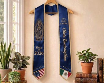 Mexico Graduation Stole Class of 2026, Virgin Mary Graduation Sash, Flower Pattern Stole, Custom Name School Sash Senior Graduation Gift