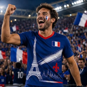 A man in a blue jersey with the Eiffel Tower on it is celebrating with his fist raised, surrounded by a crowd of people waving French flags.