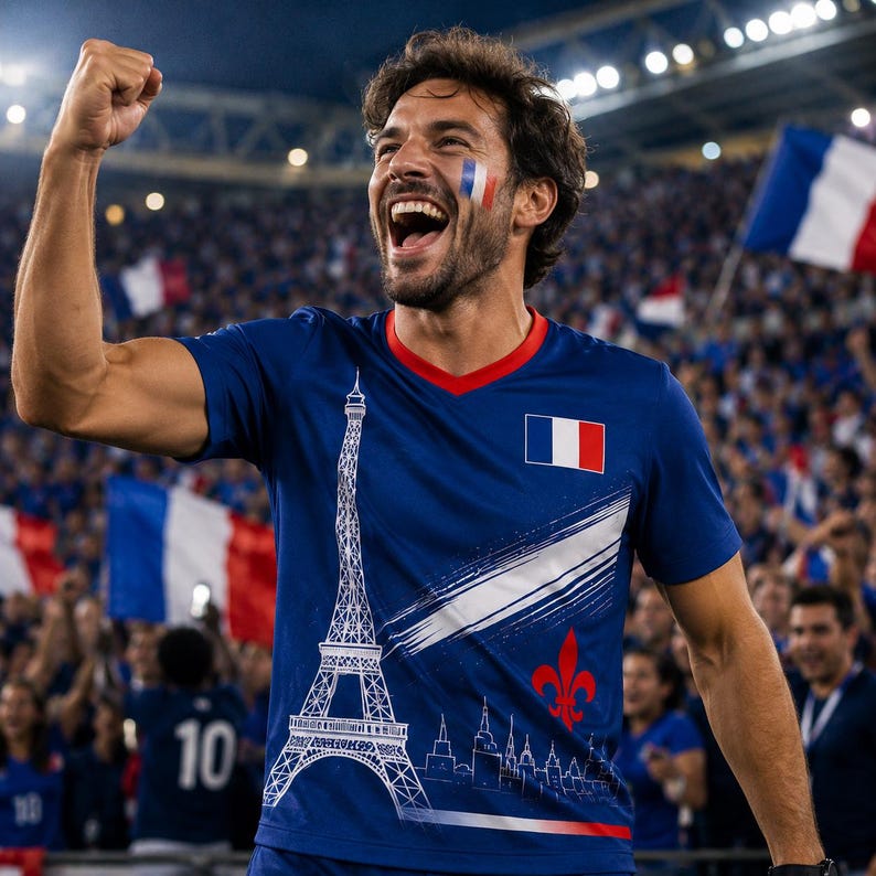 A man in a blue jersey with the Eiffel Tower on it is celebrating with his fist raised, surrounded by a crowd of people waving French flags.