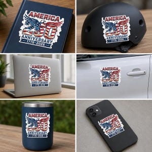 The image is a collage of six different images featuring the American 250th anniversary logo. The logo is displayed on various objects, such as a book, helmet, laptop, car, mug, and smartphone.