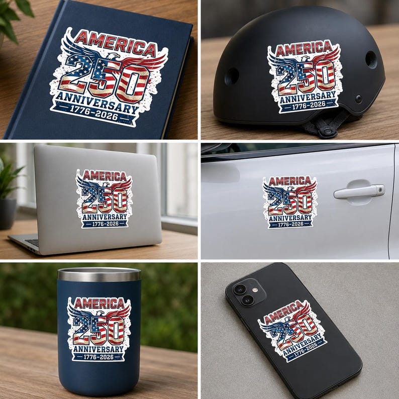 The image is a collage of six different images featuring the American 250th anniversary logo. The logo is displayed on various objects, such as a book, helmet, laptop, car, mug, and smartphone.